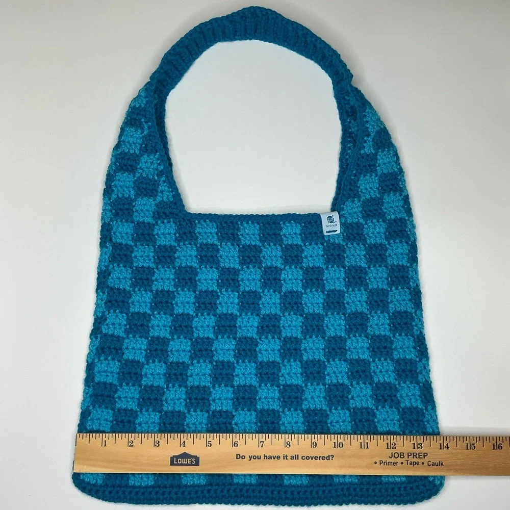 Handmade Sapphire & Cyan Blue Checker Checkerboard Crochet‎ Shoulder Tote Bag